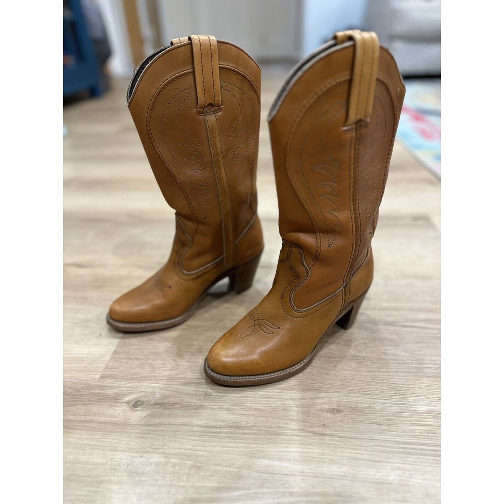 Vintage‎ Dexter Western Cowboy Cowgirl Boots Block Heel Size 6.5 Camel Tan USA